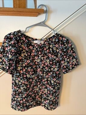 LOFT Black Floral Puff-Sleeve Blouse with Multicolor Ditsy Print